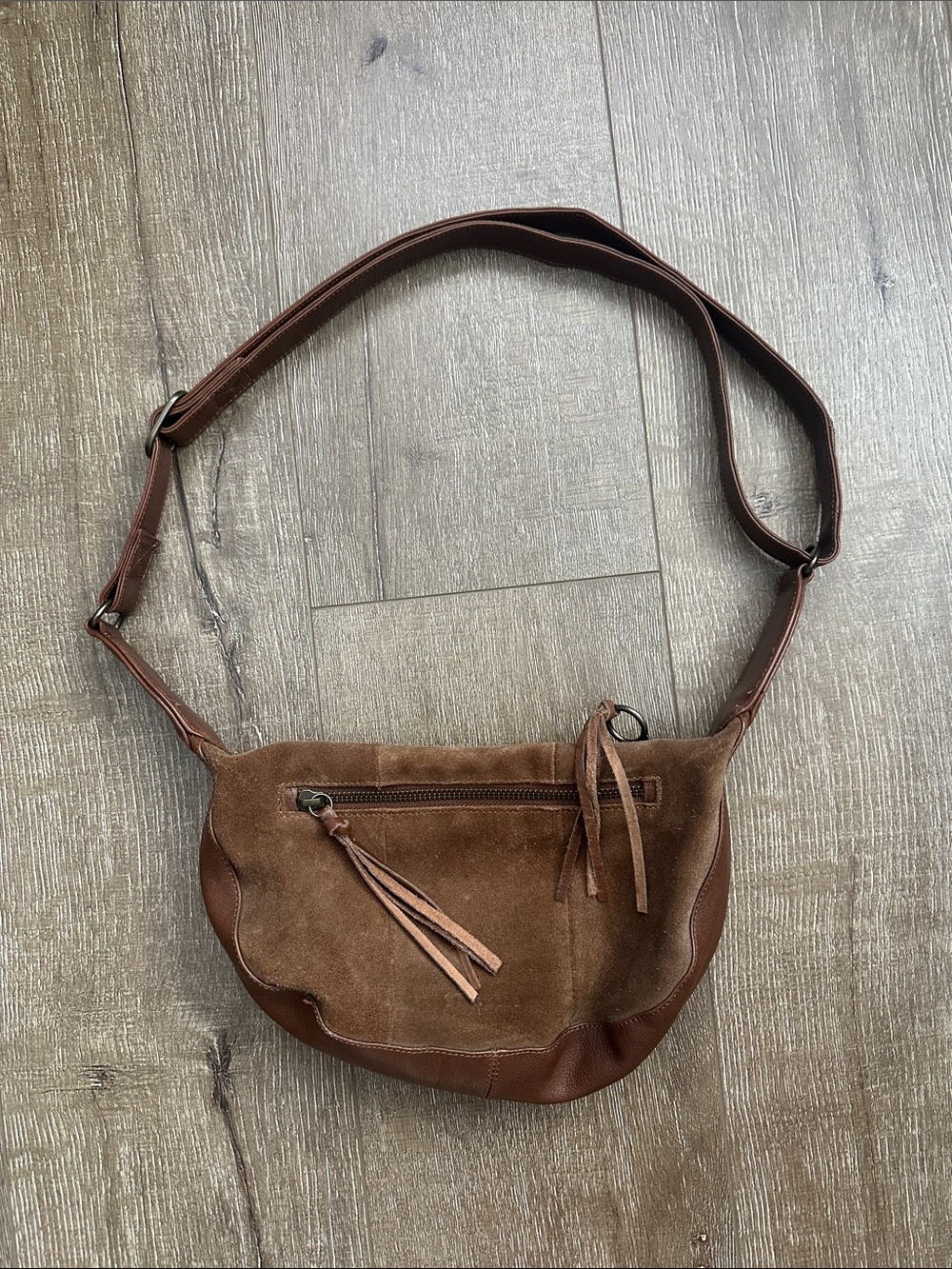 Day & Mood Kiana Suede Leather Brown Crossbody Crescent Bag with Tassel Detail